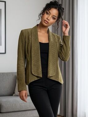 IMAN Olive Green Suede Open-Front Blazer with Embellished Collar 💯 leather
